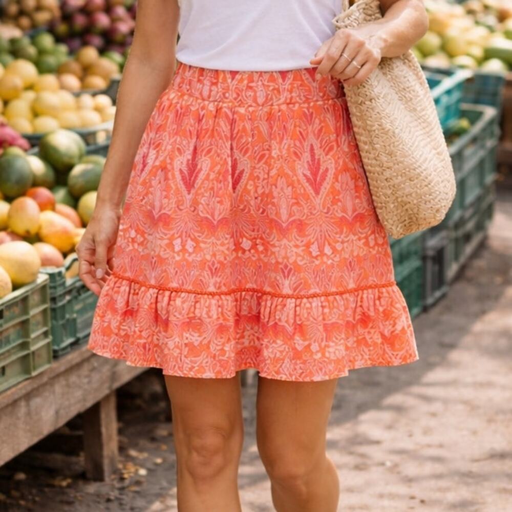 Loft Coral Fleur-de-Lis Mini Skirt Large Elastic Waist Lined Summer Vacation
